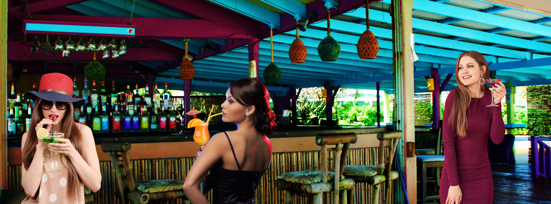 Three women drinking at a tiki bar