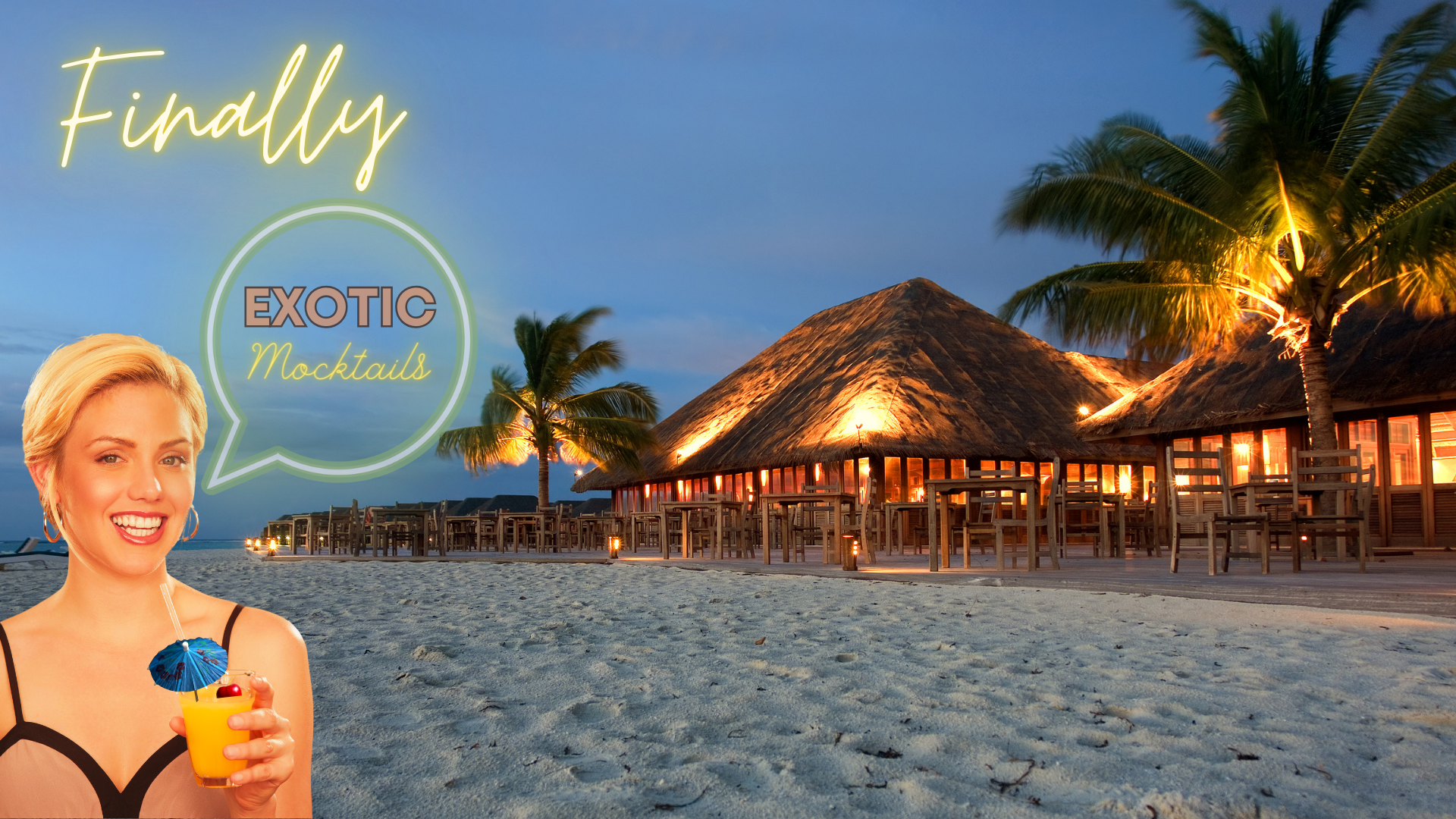 Woman Drinking Near Beach and Tiki Bar